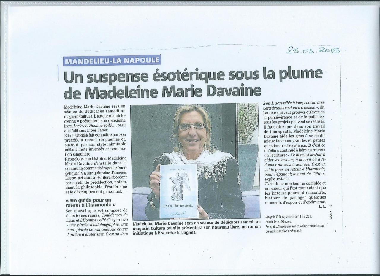 Article dans Nice Matin  Edition de Cannes du Mercredi 25 Mars 2015